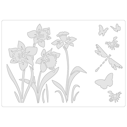 Reusable Stencil - Professional Quality - Spring Daffodils - Made in the UK - Food Safe Non Adhesive -  White Laser Cut PET Material for Cakes, Cookies, Coffees, Serving Plates