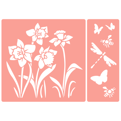 Reusable Stencil - Professional Quality - Spring Daffodils - Made in the UK - High Adhesive -  Pink Vinyl Material for Glass, Mirrors, Bottles, Tiles, Wood