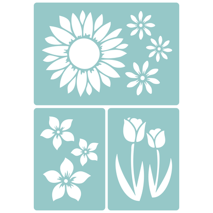 Reusable Stencil - Professional Quality - Spring Flower Motifs - Made in the UK - Low Adhesive -  Blue Vinyl Material for Cardmaking, Canvas, Paper, Interior Decor, Layering