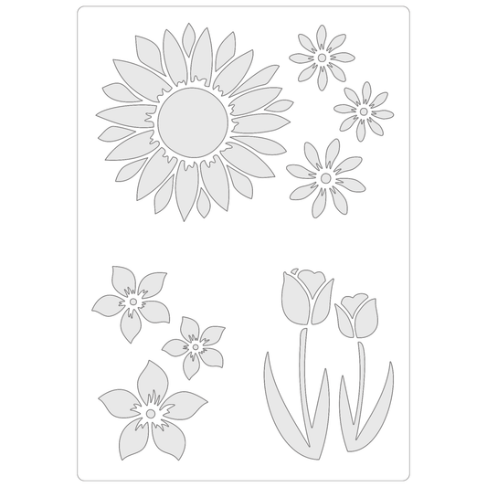 Reusable Stencil - Professional Quality - Spring Flower Motifs - Made in the UK - Food Safe Non Adhesive -  White Laser Cut PET Material for Cakes, Cookies, Coffees, Serving Plates