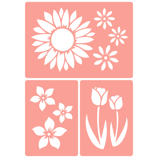 Reusable Stencil - Professional Quality - Spring Flower Motifs - Made in the UK - High Adhesive -  Pink Vinyl Material for Glass, Mirrors, Bottles, Tiles, Wood