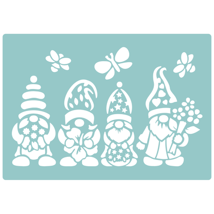 Reusable Stencil - Professional Quality - Spring Gnomes #1 - Made in the UK - Low Adhesive -  Blue Vinyl Material for Cardmaking, Canvas, Paper, Interior Decor, Layering