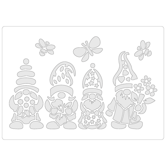 Reusable Stencil - Professional Quality - Spring Gnomes #1 - Made in the UK - Food Safe Non Adhesive -  White Laser Cut PET Material for Cakes, Cookies, Coffees, Serving Plates