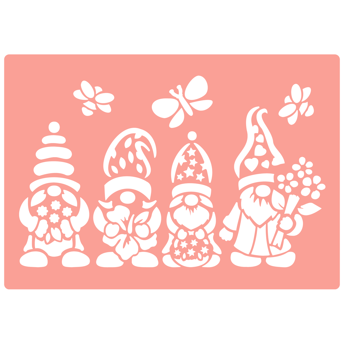 Reusable Stencil - Professional Quality - Spring Gnomes #1 - Made in the UK - High Adhesive -  Pink Vinyl Material for Glass, Mirrors, Bottles, Tiles, Wood