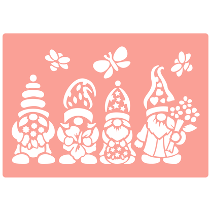 Reusable Stencil - Professional Quality - Spring Gnomes #1 - Made in the UK - High Adhesive -  Pink Vinyl Material for Glass, Mirrors, Bottles, Tiles, Wood