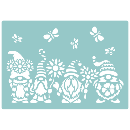 Reusable Stencil - Professional Quality - Spring Gnomes #2 - Made in the UK - Low Adhesive -  Blue Vinyl Material for Cardmaking, Canvas, Paper, Interior Decor, Layering