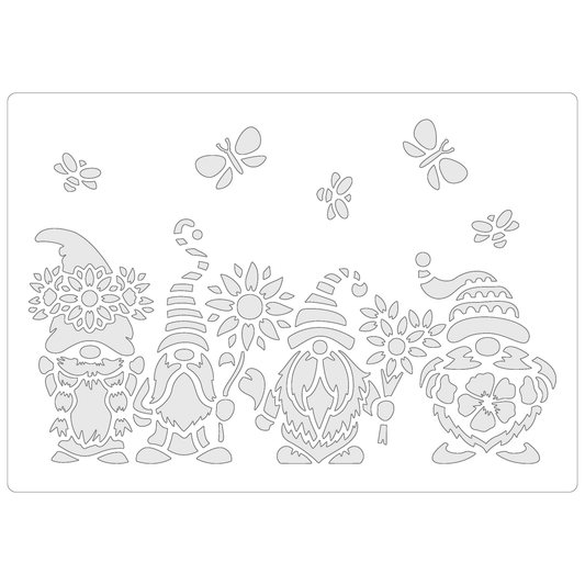 Reusable Stencil - Professional Quality - Spring Gnomes #2 - Made in the UK - Food Safe Non Adhesive -  White Laser Cut PET Material for Cakes, Cookies, Coffees, Serving Plates