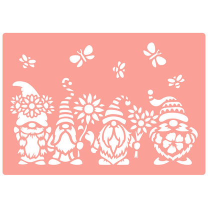 Reusable Stencil - Professional Quality - Spring Gnomes #2 - Made in the UK - High Adhesive -  Pink Vinyl Material for Glass, Mirrors, Bottles, Tiles, Wood