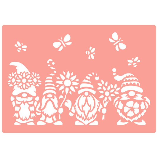 Reusable Stencil - Professional Quality - Spring Gnomes #2 - Made in the UK - High Adhesive -  Pink Vinyl Material for Glass, Mirrors, Bottles, Tiles, Wood