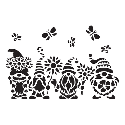 Reusable Stencil - Professional Quality - Spring Gnomes #2 - Made in the UK - Food Safe Non Adhesive -  White Laser Cut PET Material for Cakes, Cookies, Coffees, Serving Plates
