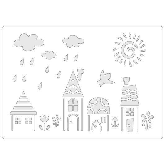 Reusable Stencil - Professional Quality - Spring Village - Made in the UK - Food Safe Non Adhesive -  White Laser Cut PET Material for Cakes, Cookies, Coffees, Serving Plates