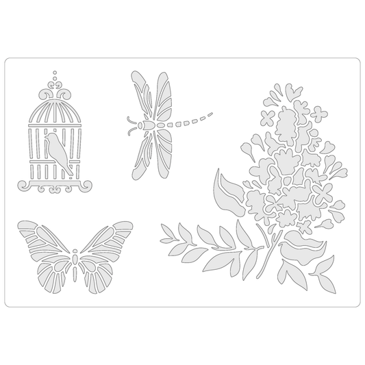 Reusable Stencil - Professional Quality - Springtime Birdcage - Made in the UK - Food Safe Non Adhesive -  White Laser Cut PET Material for Cakes, Cookies, Coffees, Serving Plates