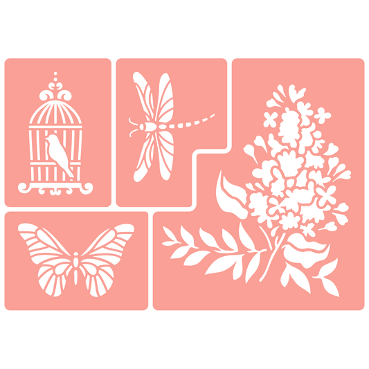 Reusable Stencil - Professional Quality - Springtime Birdcage - Made in the UK - High Adhesive -  Pink Vinyl Material for Glass, Mirrors, Bottles, Tiles, Wood