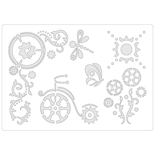 Reusable Stencil - Professional Quality - Steampunk Garden - Made in the UK - Food Safe Non Adhesive -  White Laser Cut PET Material for Cakes, Cookies, Coffees, Serving Plates