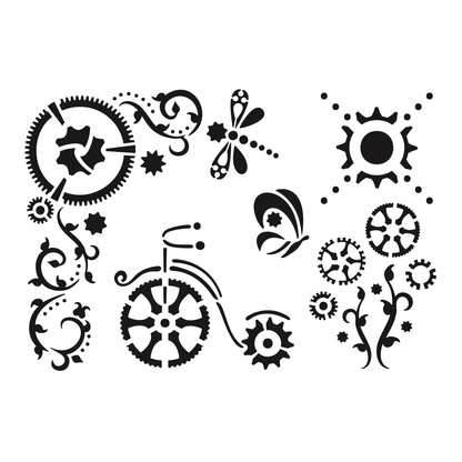 Reusable Stencil - Professional Quality - Steampunk Garden - Made in the UK - Low Adhesive -  Blue Vinyl Material for Cardmaking, Canvas, Paper, Interior Decor, Layering