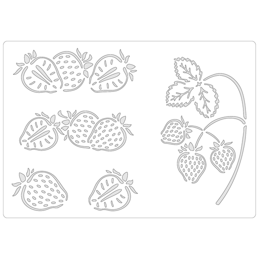Reusable Stencil - Professional Quality - Strawberries Selection #1 - Made in the UK - Food Safe Non Adhesive -  White Laser Cut PET Material for Cakes, Cookies, Coffees, Serving Plates