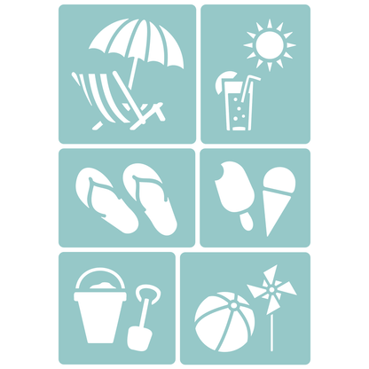 Reusable Stencil - Professional Quality - Summer Icons - Made in the UK - Low Adhesive -  Blue Vinyl Material for Cardmaking, Canvas, Paper, Interior Decor, Layering