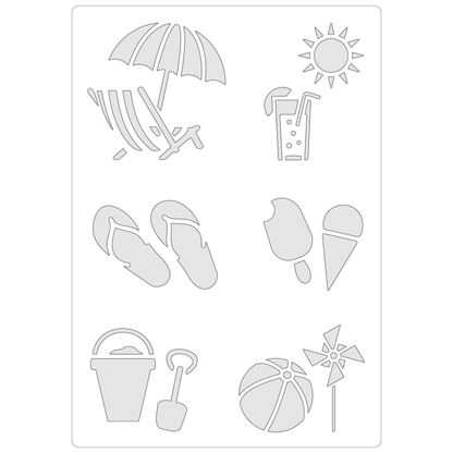 Reusable Stencil - Professional Quality - Summer Icons - Made in the UK - Food Safe Non Adhesive -  White Laser Cut PET Material for Cakes, Cookies, Coffees, Serving Plates