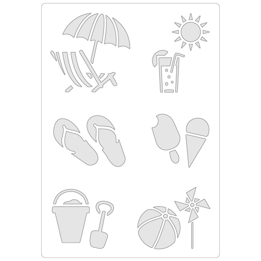 Reusable Stencil - Professional Quality - Summer Icons - Made in the UK - Food Safe Non Adhesive -  White Laser Cut PET Material for Cakes, Cookies, Coffees, Serving Plates