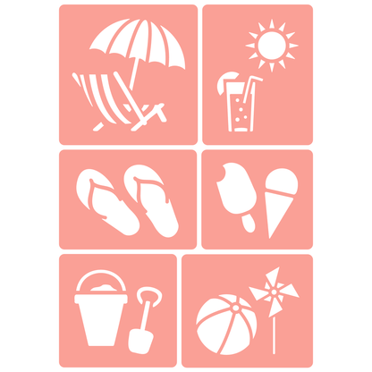 Reusable Stencil - Professional Quality - Summer Icons - Made in the UK - High Adhesive -  Pink Vinyl Material for Glass, Mirrors, Bottles, Tiles, Wood