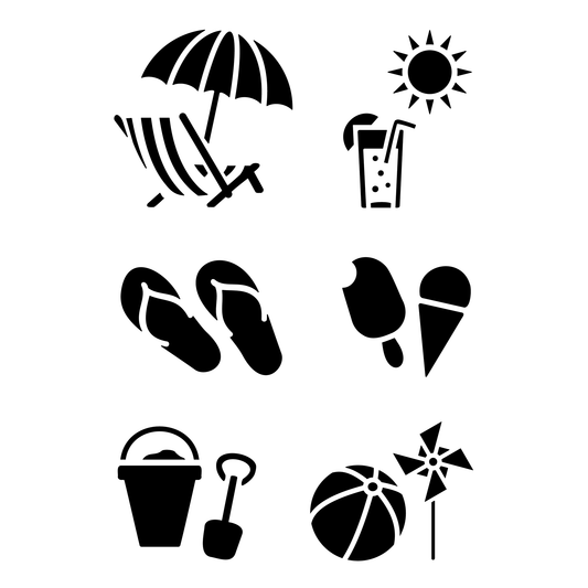 Reusable Stencil - Professional Quality - Summer Icons - Made in the UK - Food Safe Non Adhesive -  White Laser Cut PET Material for Cakes, Cookies, Coffees, Serving Plates