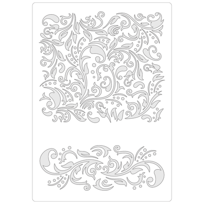 Reusable Stencil - Professional Quality - Swirling Damask Background - Made in the UK - Food Safe Non Adhesive -  White Laser Cut PET Material for Cakes, Cookies, Coffees, Serving Plates