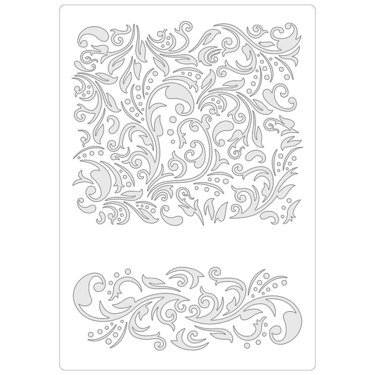Reusable Stencil - Professional Quality - Swirling Damask Background - Made in the UK - Food Safe Non Adhesive -  White Laser Cut PET Material for Cakes, Cookies, Coffees, Serving Plates