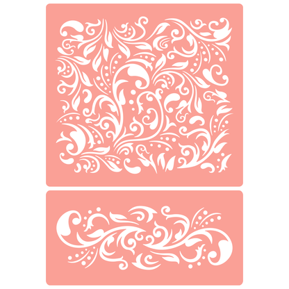 Reusable Stencil - Professional Quality - Swirling Damask Background - Made in the UK - High Adhesive -  Pink Vinyl Material for Glass, Mirrors, Bottles, Tiles, Wood