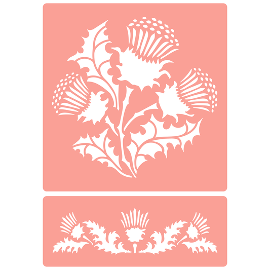Reusable Stencil - Professional Quality - Thistle Motifs - Made in the UK - High Adhesive -  Pink Vinyl Material for Glass, Mirrors, Bottles, Tiles, Wood