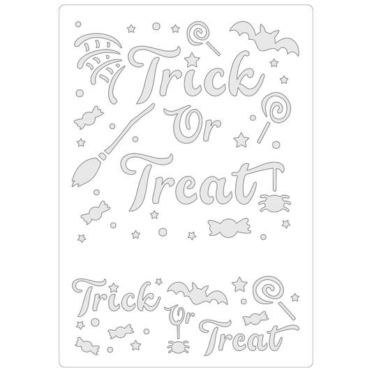 Reusable Stencil - Professional Quality - Trick Or Treat - Made in the UK - Food Safe Non Adhesive -  White Laser Cut PET Material for Cakes, Cookies, Coffees, Serving Plates