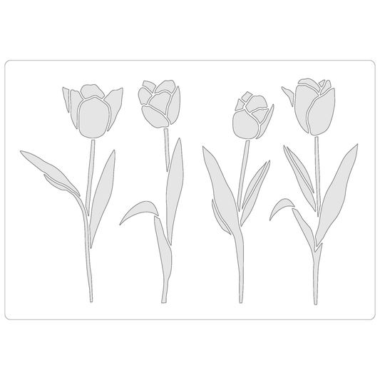 Reusable Stencil - Professional Quality - Tulips Collection - Made in the UK - Food Safe Non Adhesive -  White Laser Cut PET Material for Cakes, Cookies, Coffees, Serving Plates