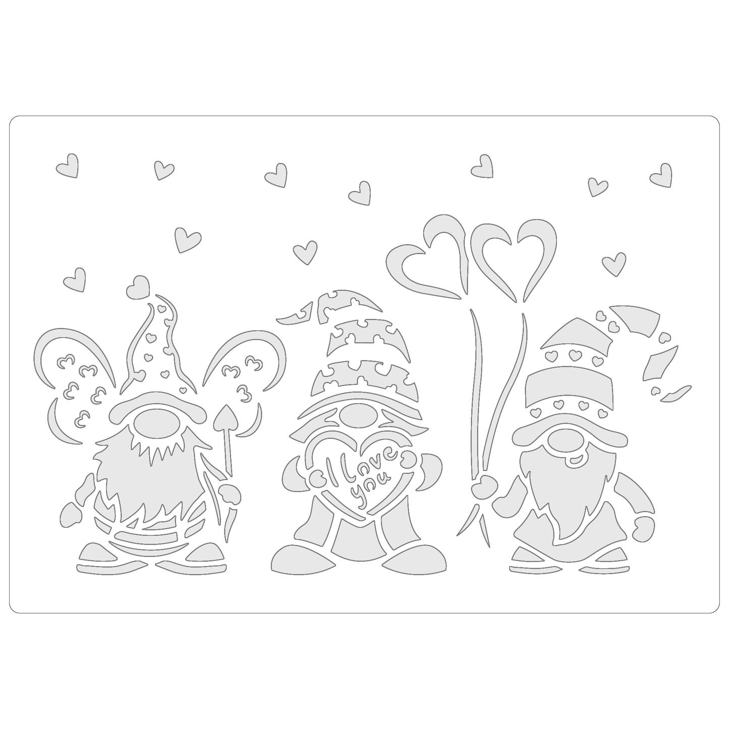 Reusable Stencil - Professional Quality - Valentine Gnomes #1 - Made in the UK - Food Safe Non Adhesive -  White Laser Cut PET Material for Cakes, Cookies, Coffees, Serving Plates