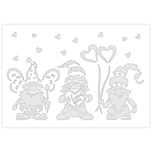 Reusable Stencil - Professional Quality - Valentine Gnomes #1 - Made in the UK - Food Safe Non Adhesive -  White Laser Cut PET Material for Cakes, Cookies, Coffees, Serving Plates