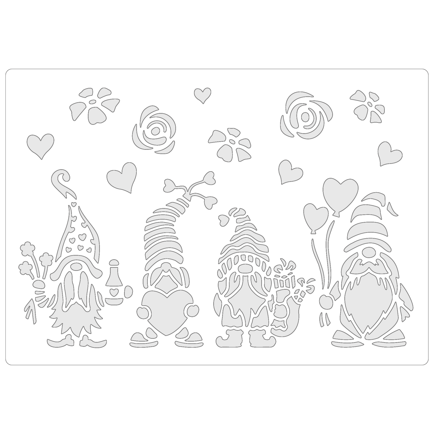 Reusable Stencil - Professional Quality - Valentine Gnomes #2 - Made in the UK - Food Safe Non Adhesive -  White Laser Cut PET Material for Cakes, Cookies, Coffees, Serving Plates