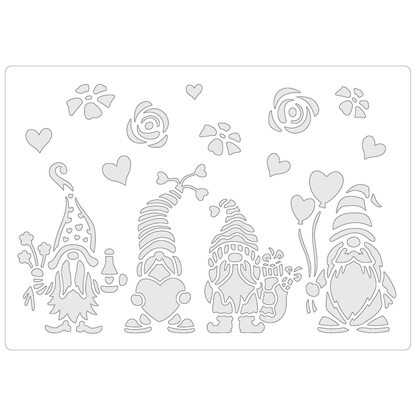 Reusable Stencil - Professional Quality - Valentine Gnomes #2 - Made in the UK - Food Safe Non Adhesive -  White Laser Cut PET Material for Cakes, Cookies, Coffees, Serving Plates
