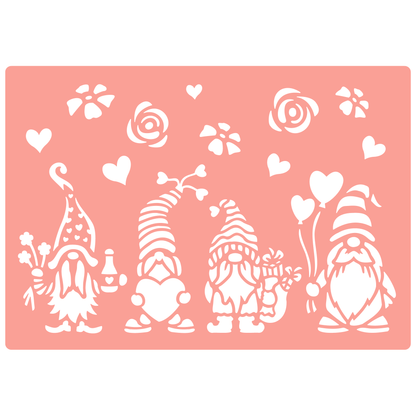 Reusable Stencil - Professional Quality - Valentine Gnomes #2 - Made in the UK - High Adhesive -  Pink Vinyl Material for Glass, Mirrors, Bottles, Tiles, Wood