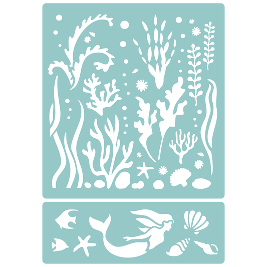 Reusable Stencil - Professional Quality - Water Plants & Mermaid - Made in the UK - Low Adhesive -  Blue Vinyl Material for Cardmaking, Canvas, Paper, Interior Decor, Layering
