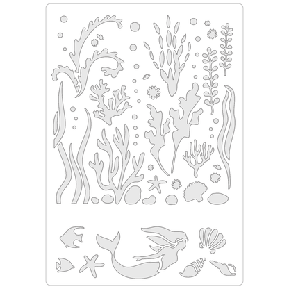 Reusable Stencil - Professional Quality - Water Plants & Mermaid - Made in the UK - Food Safe Non Adhesive -  White Laser Cut PET Material for Cakes, Cookies, Coffees, Serving Plates