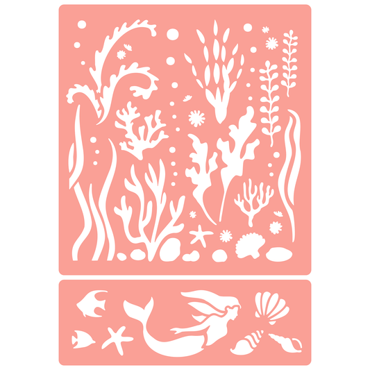 Reusable Stencil - Professional Quality - Water Plants & Mermaid - Made in the UK - High Adhesive -  Pink Vinyl Material for Glass, Mirrors, Bottles, Tiles, Wood