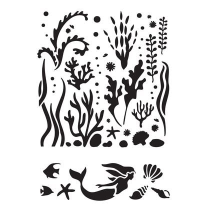 Reusable Stencil - Professional Quality - Water Plants & Mermaid - Made in the UK - Food Safe Non Adhesive -  White Laser Cut PET Material for Cakes, Cookies, Coffees, Serving Plates