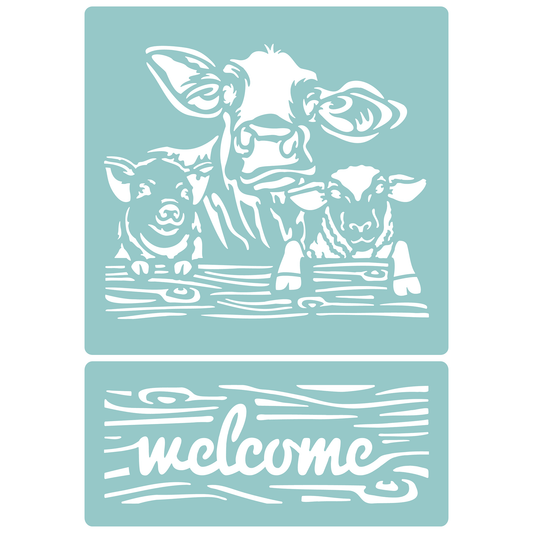 Reusable Stencil - Professional Quality - Welcome Farm Animals - Made in the UK - Low Adhesive -  Blue Vinyl Material for Cardmaking, Canvas, Paper, Interior Decor, Layering
