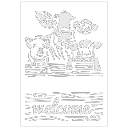 Reusable Stencil - Professional Quality - Welcome Farm Animals - Made in the UK - Food Safe Non Adhesive -  White Laser Cut PET Material for Cakes, Cookies, Coffees, Serving Plates