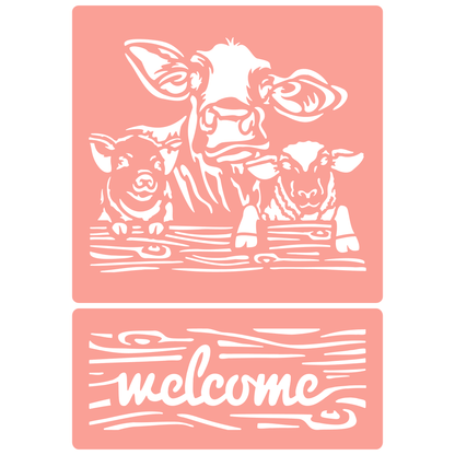 Reusable Stencil - Professional Quality - Welcome Farm Animals - Made in the UK - High Adhesive -  Pink Vinyl Material for Glass, Mirrors, Bottles, Tiles, Wood