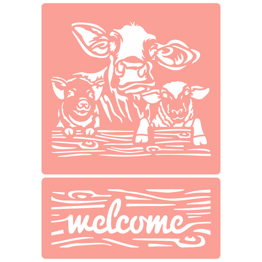Reusable Stencil - Professional Quality - Welcome Farm Animals - Made in the UK - High Adhesive -  Pink Vinyl Material for Glass, Mirrors, Bottles, Tiles, Wood