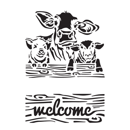 Reusable Stencil - Professional Quality - Welcome Farm Animals - Made in the UK - High Adhesive -  Pink Vinyl Material for Glass, Mirrors, Bottles, Tiles, Wood