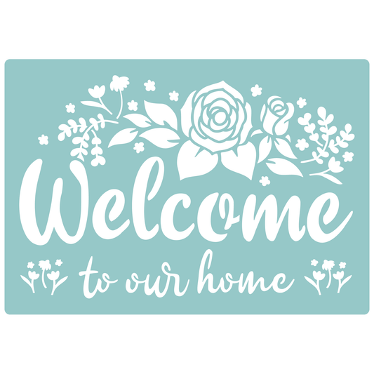 Reusable Stencil - Professional Quality - Welcome To Our Home - Made in the UK - Low Adhesive -  Blue Vinyl Material for Cardmaking, Canvas, Paper, Interior Decor, Layering