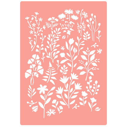Reusable Stencil - Professional Quality - Wild Meadow (seamless) - Made in the UK - High Adhesive -  Pink Vinyl Material for Glass, Mirrors, Bottles, Tiles, Wood