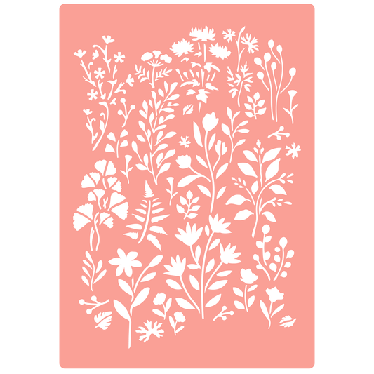 Reusable Stencil - Professional Quality - Wild Meadow (seamless) - Made in the UK - High Adhesive -  Pink Vinyl Material for Glass, Mirrors, Bottles, Tiles, Wood